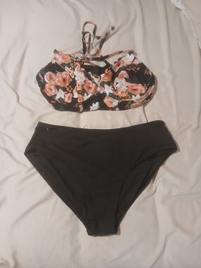 Black Floral Halter Bikini Set with High-Waist Bottoms